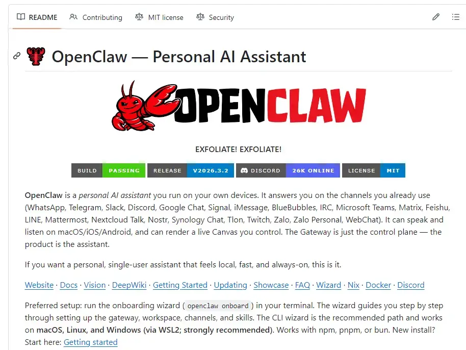 OpenClaw个人AI助手官网界面，含Logo、版本号v2026.3.2及部署指引