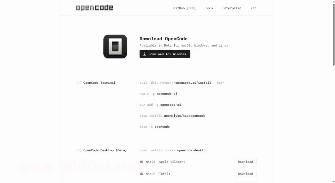 OpenCode官网下载页，含Windows/macOS/Linux安装命令与桌面版Beta选项