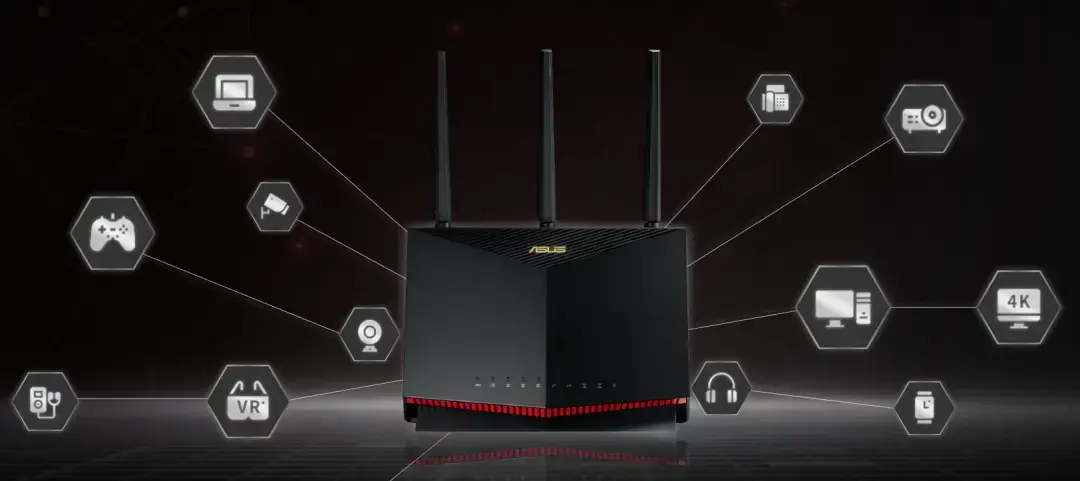 华硕路由器连接多设备网络拓扑示意图，含游戏、监控、VR等终端接入场景