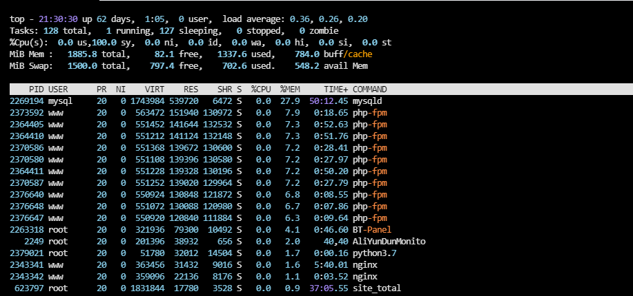 Linux系统top命令输出的进程资源使用情况列表