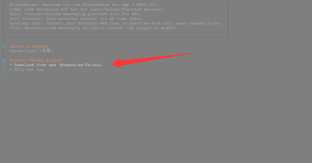 终端界面显示安装Feishu插件选项及npm下载命令