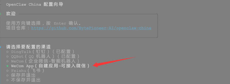 OpenClaw China配置向导界面，显示钉钉、QQ机器人、企业微信等渠道选项