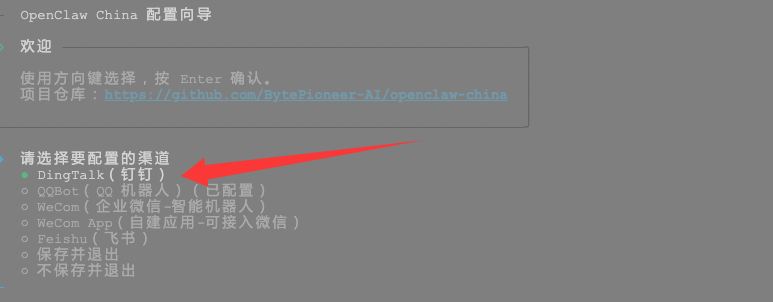 OpenClaw China配置向导界面，显示钉钉、QQ机器人等渠道选项
