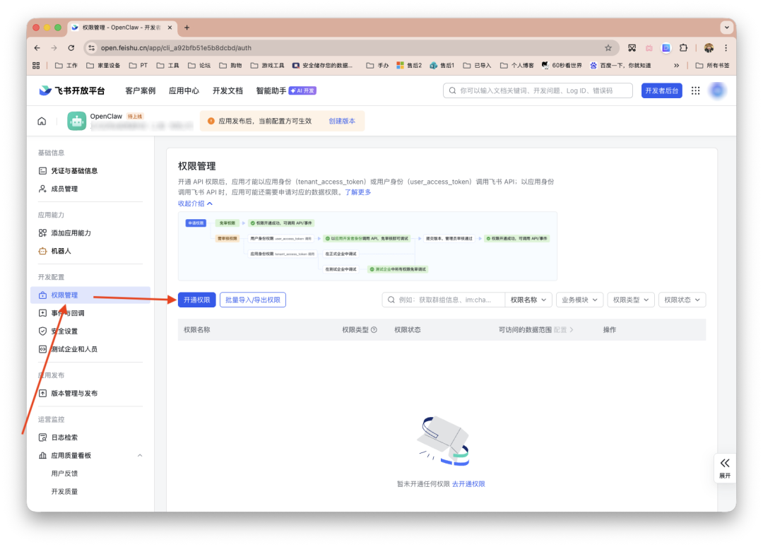 飞书开放平台权限管理页面，显示开通权限按钮及流程图