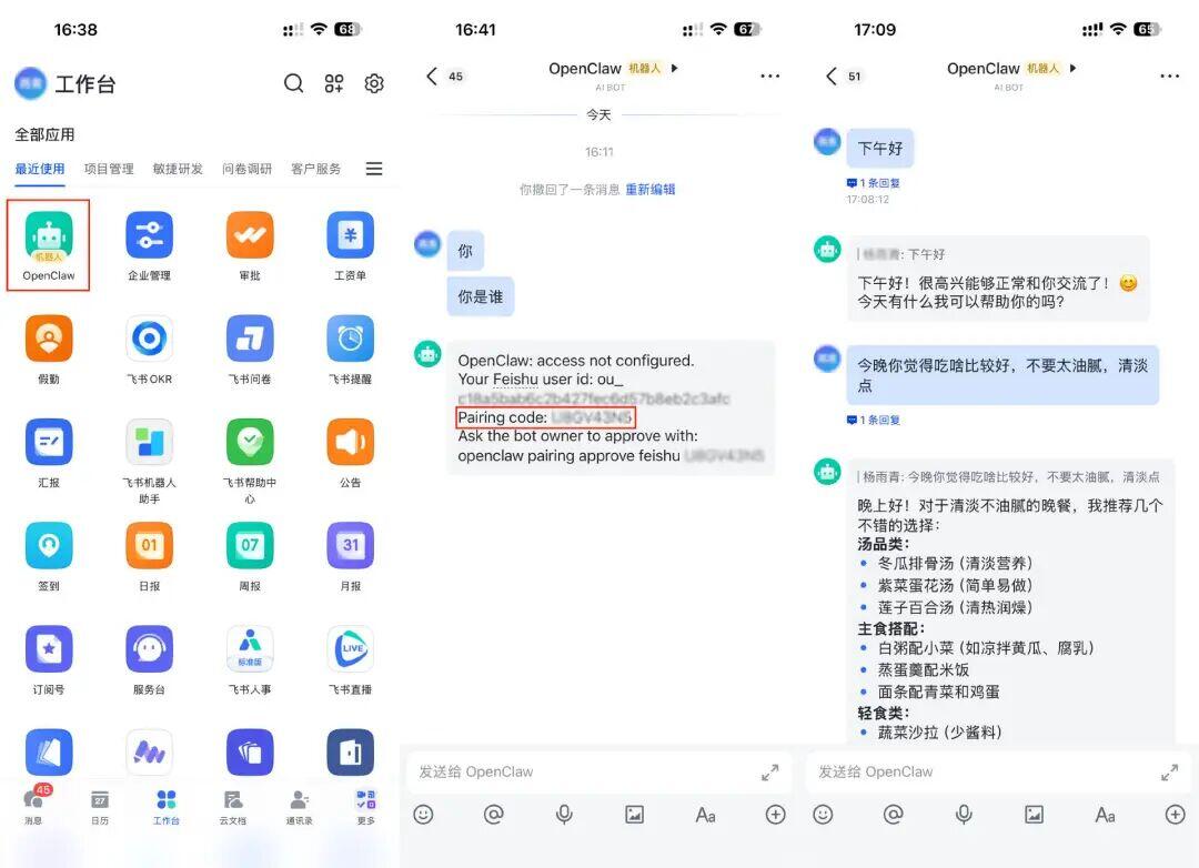飞书工作台中OpenClaw机器人配置与对话界面截图