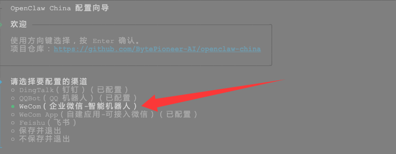 OpenClaw China配置向导界面，显示钉钉、QQ机器人、企业微信等渠道选项