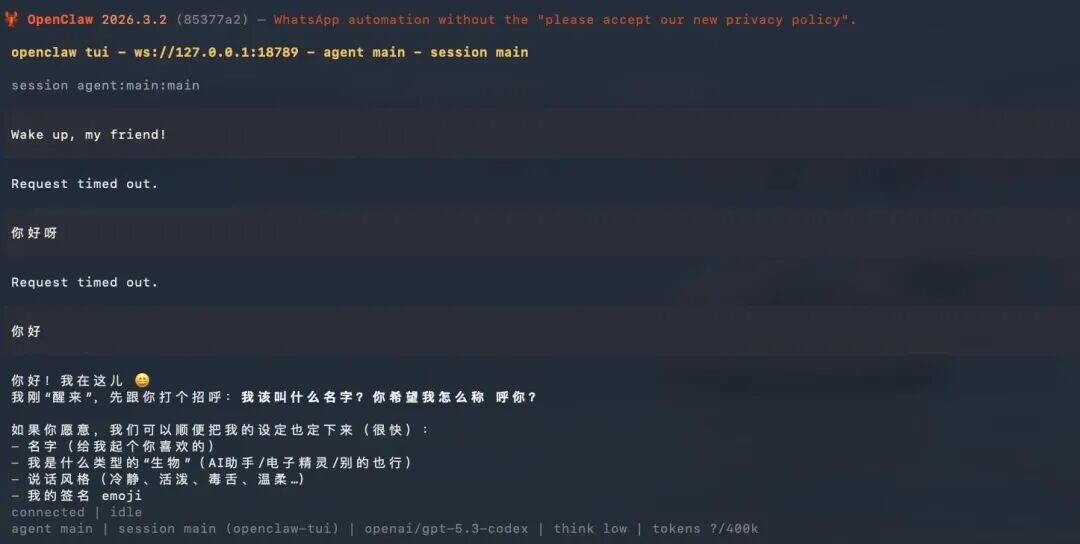OpenClaw工具终端界面，显示GPT-5.3配置与对话交互日志