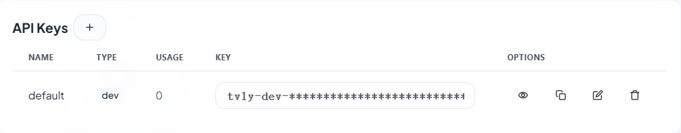 API密钥管理界面，显示default开发密钥及操作选项