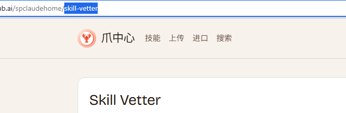 爪中心网站页面，显示Skill Vetter标题及导航栏