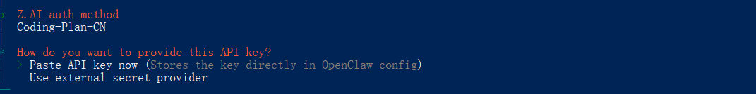 OpenClaw配置界面，显示AI认证方法与API密钥设置选项