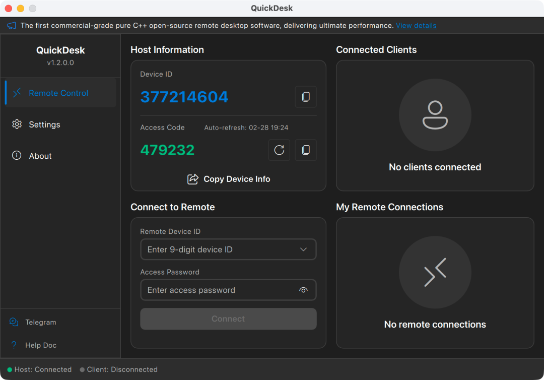 QuickDesk远程桌面软件界面，显示设备ID、访问码及连接选项