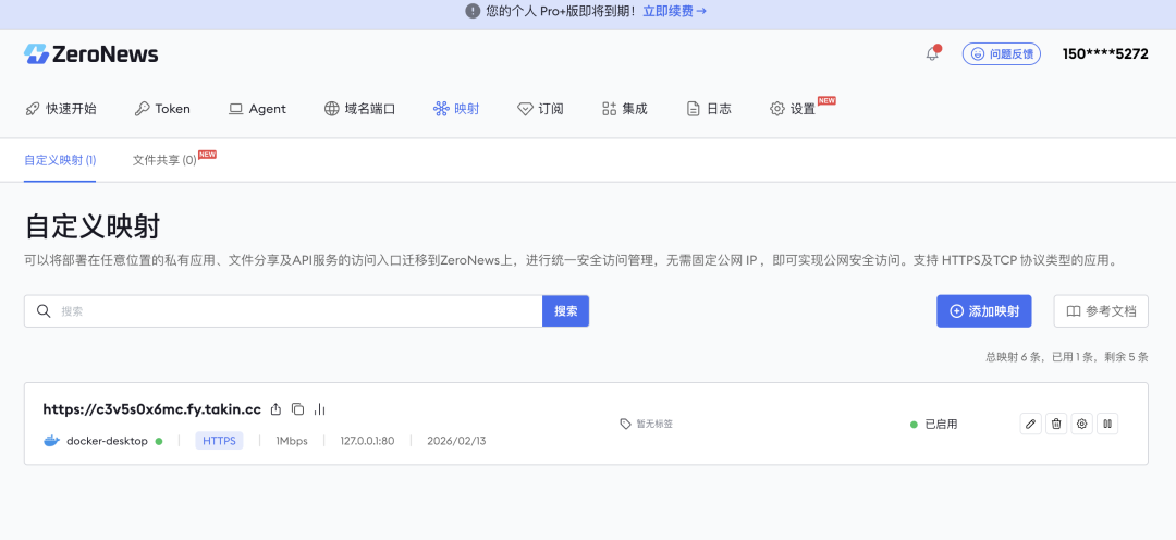 自定义映射 ZeroNews平台自定义映射配置界面,显示内网穿透规则列表