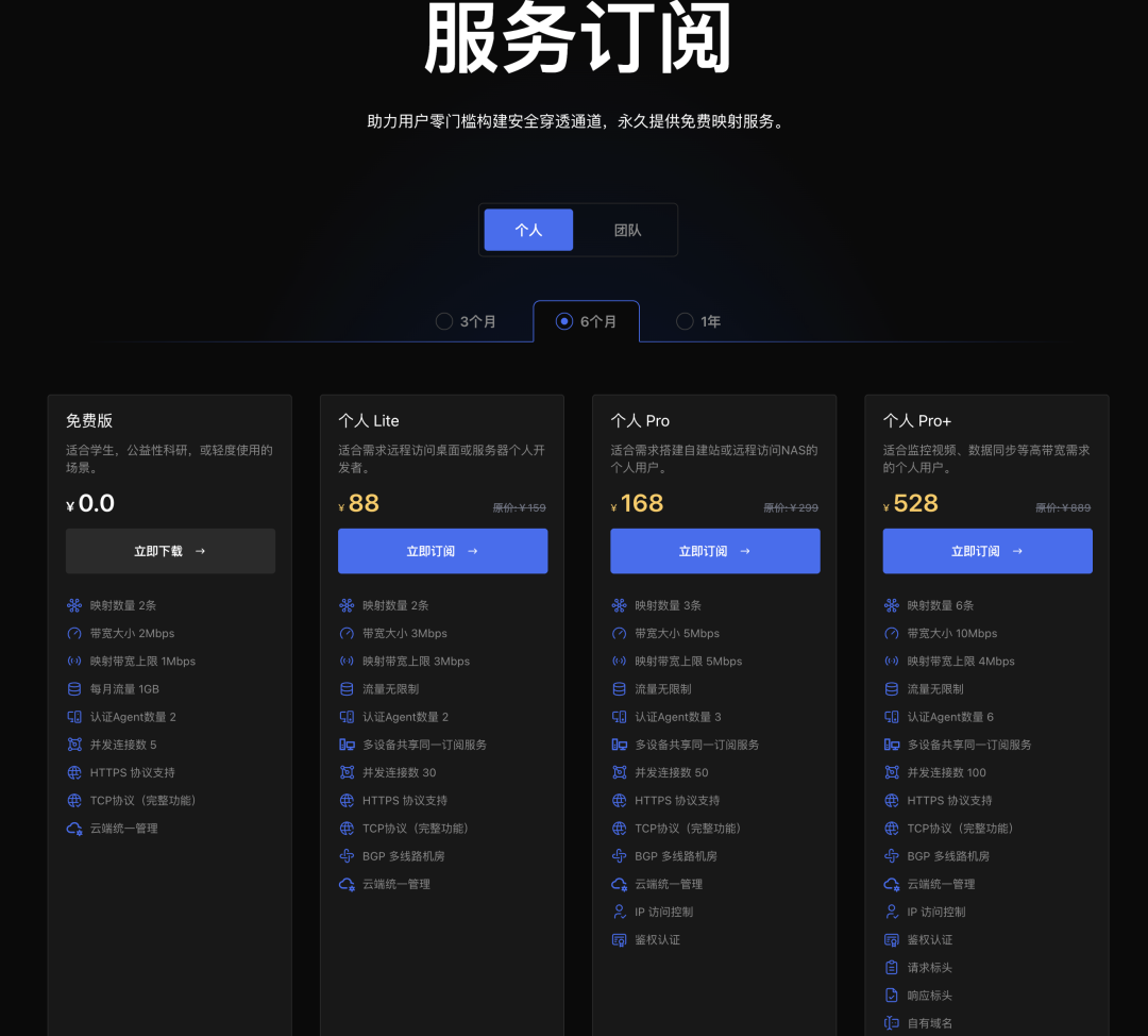 服务订阅价格 内网穿透服务订阅页面,含免费版及个人Lite/Pro等付费套餐