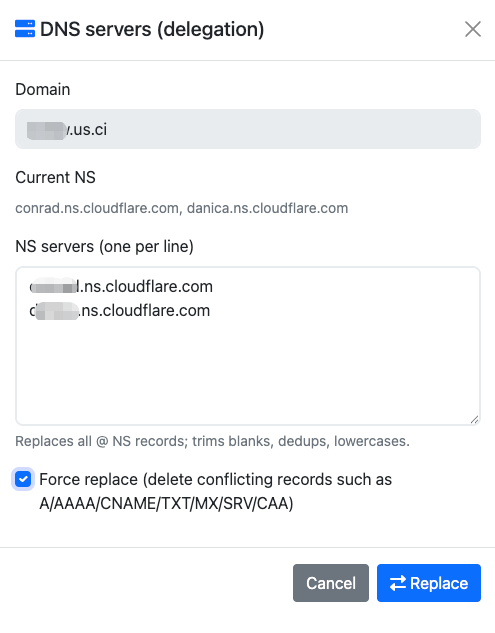 DNS服务器委托设置界面，显示Cloudflare NS记录配置