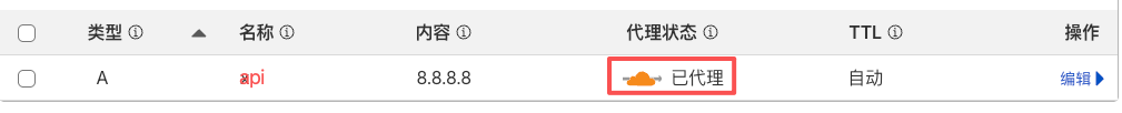 DNS记录列表中A记录api指向8.8.8.8，代理状态为已代理