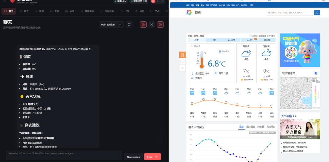 左侧为OpenClaw聊天界面显示北京天气数据，右侧为中国天气网预报页面