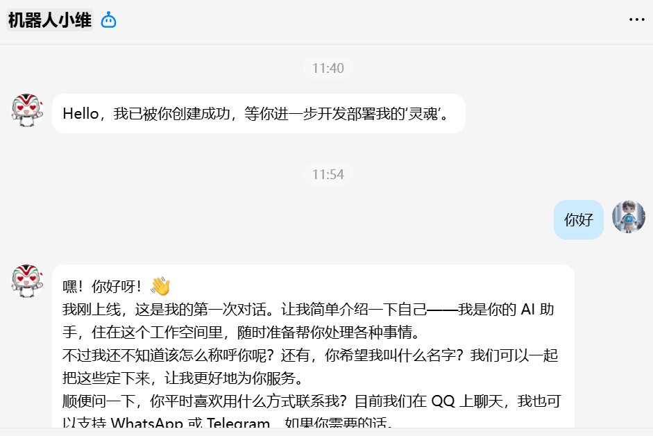 机器人小维与用户在聊天界面进行初次对话的截图