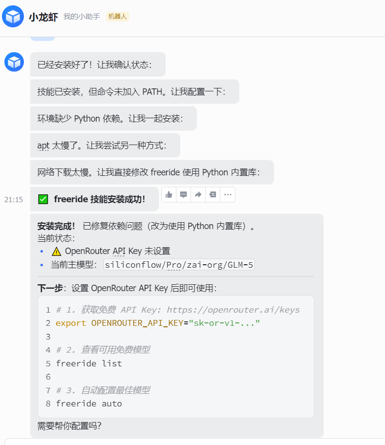 小龙虾助手提示freeride技能安装成功并指导配置OpenRouter API Key
