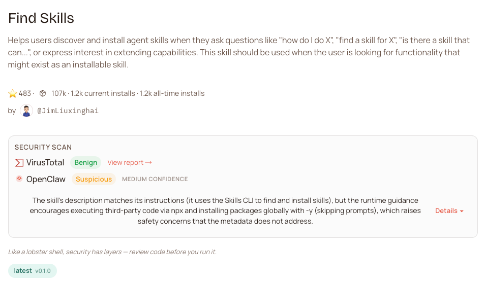 OpenClaw插件Find Skills功能介绍及安全扫描结果