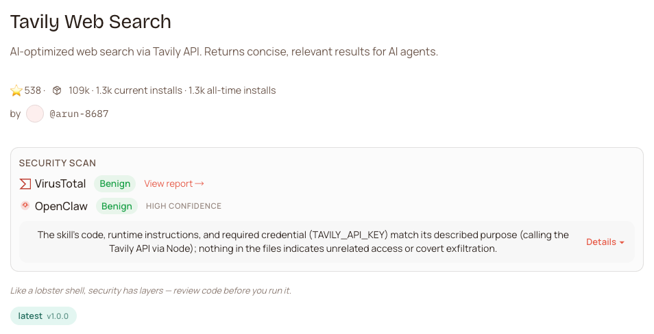 Tavily Web Search技能介绍页面，含安全扫描结果与作者信息