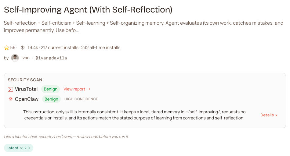 OpenClaw技能介绍页面，含安全扫描结果与作者信息