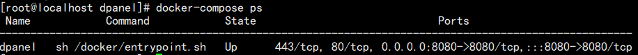 Docker Compose进程列表,显示dpanel服务运行状态及端口映射
