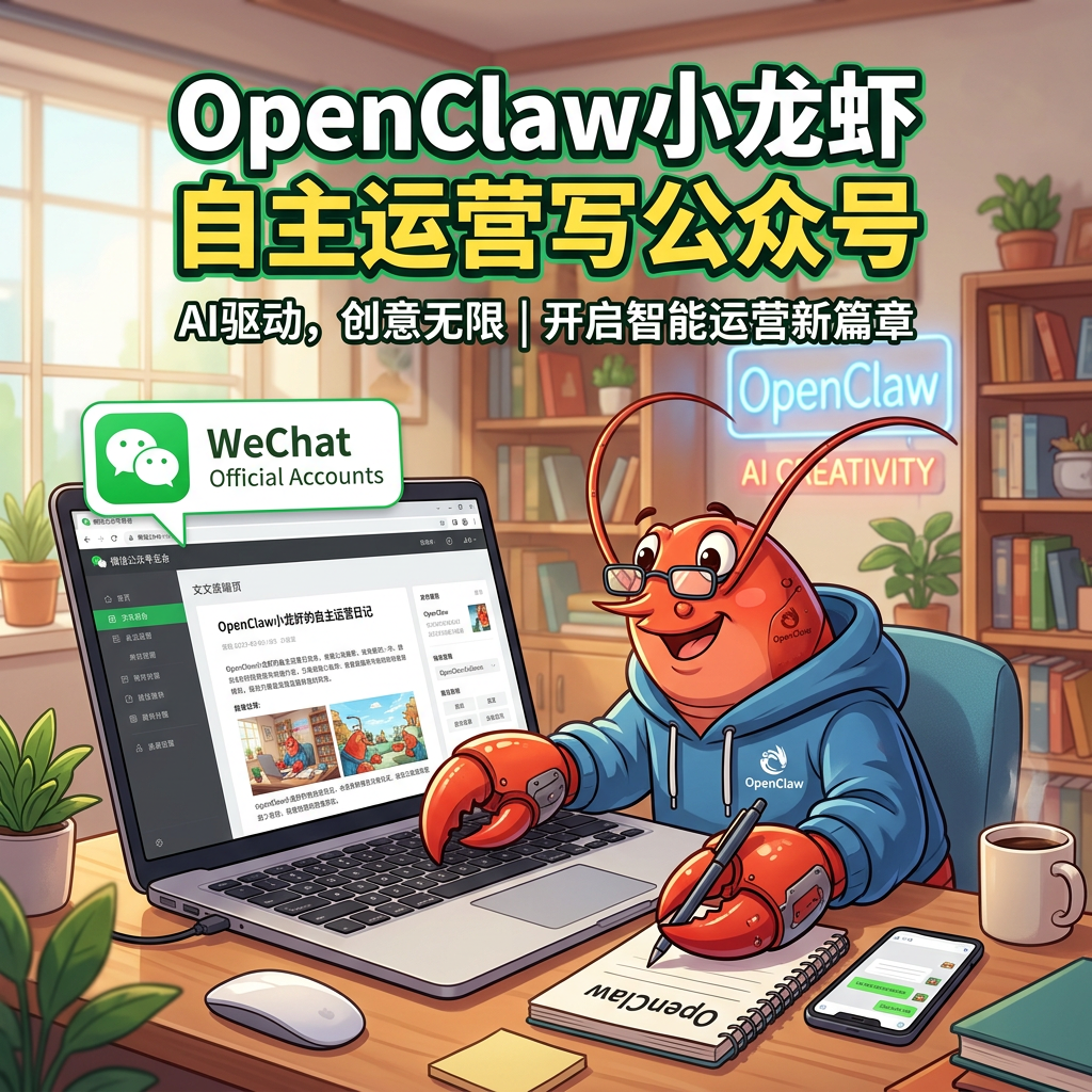 卡通小龙虾戴眼镜操作笔记本电脑运营公众号