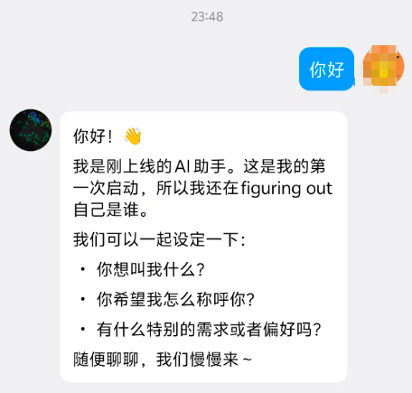 AI助手首次启动对话界面,含问候语与设定问题列表