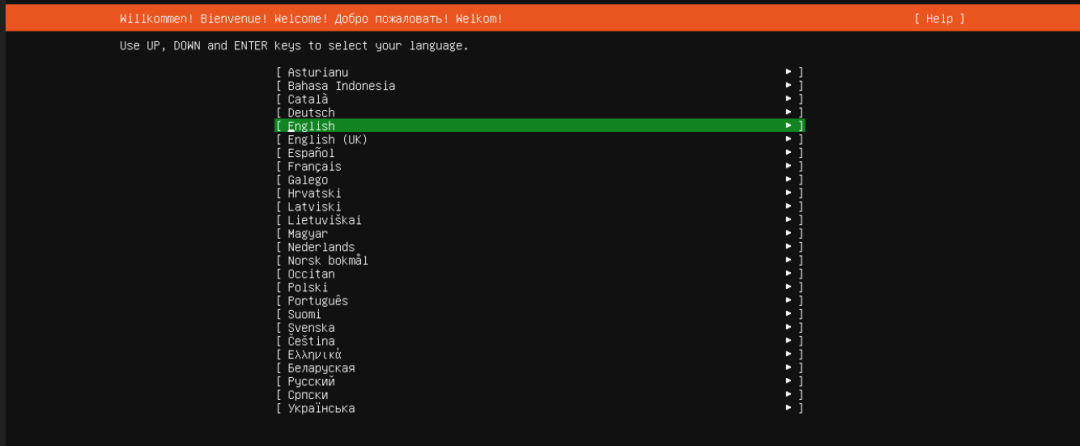 终端语言选择界面,高亮显示English选项