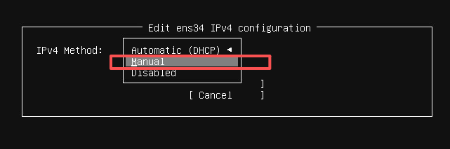飞牛NAS中ens34网卡IPv4配置界面,手动模式被选中