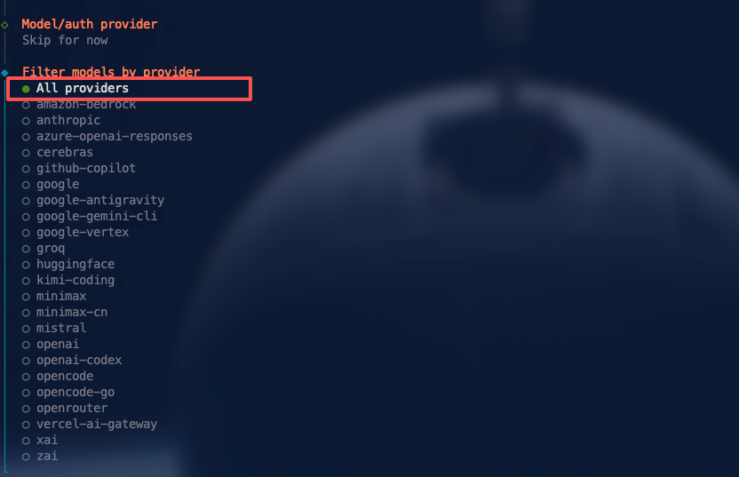 飞牛NAS界面中筛选模型提供方的列表,高亮显示“All providers”选项