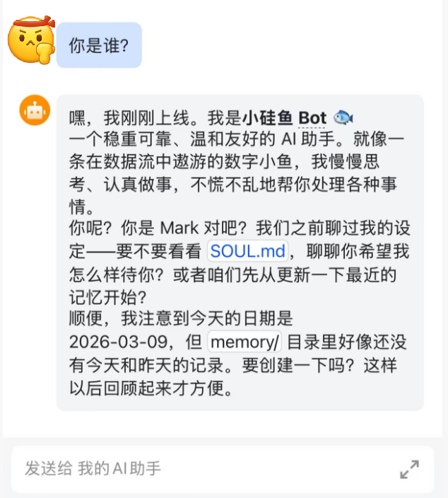 小硅鱼Bot与用户对话界面，含AI助手自我介绍及日期提醒