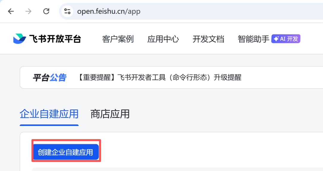 飞书开放平台页面，显示创建企业自建应用按钮