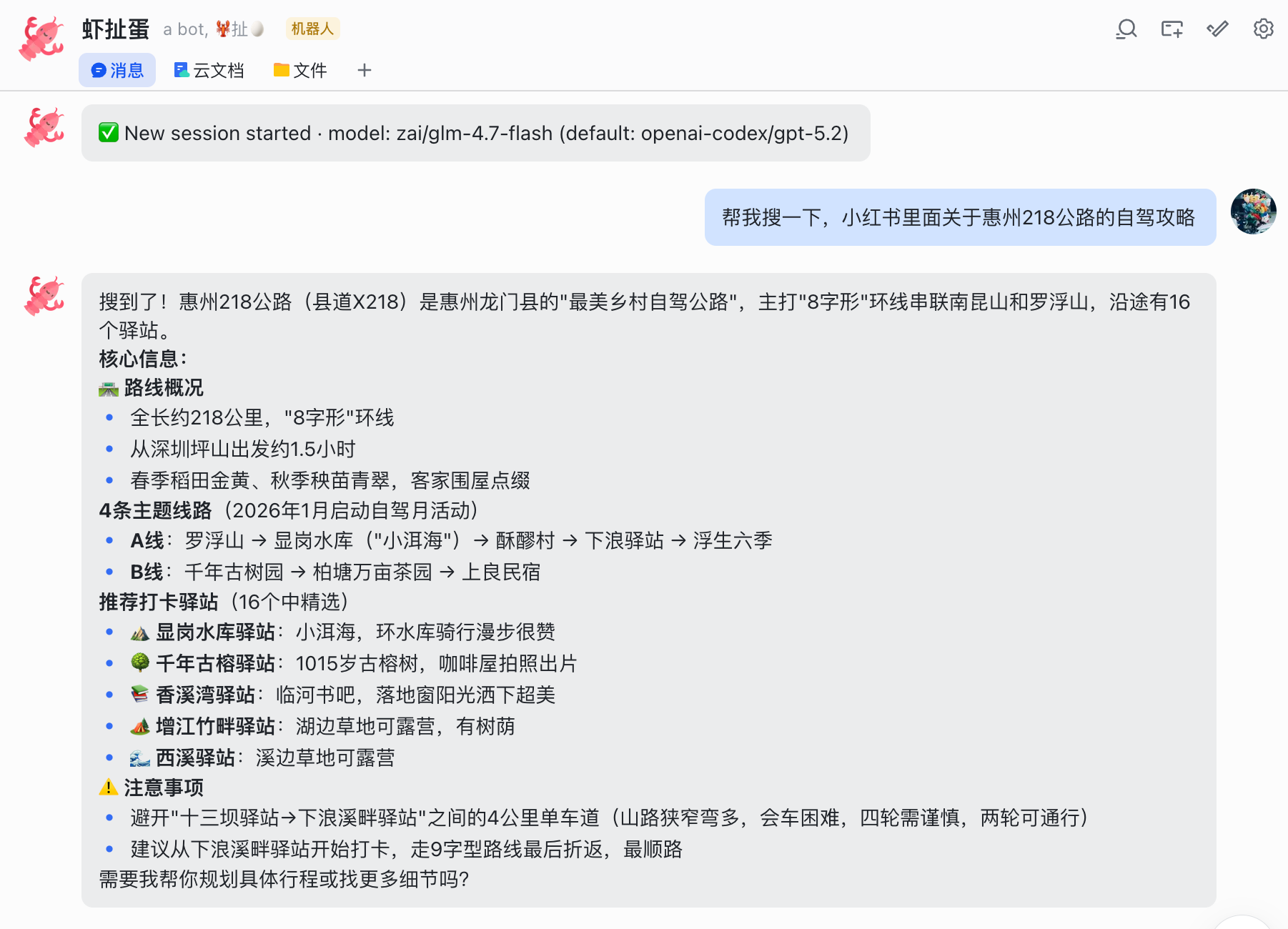 虾扯蛋机器人回复惠州218公路自驾攻略的对话界面
